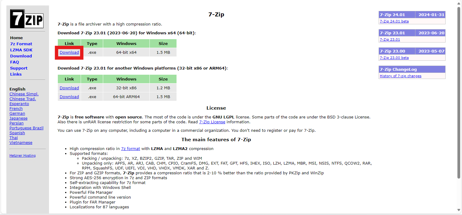 7-Zip website with Download button highlighted