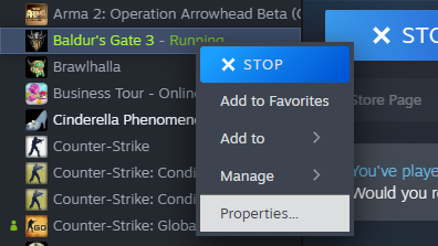 Image of the right click menu on steam with Properties selected
