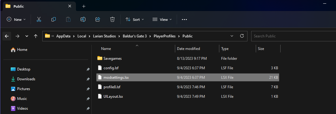 Image Of The modsettings.lsx file highlighed in the file browser