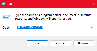 Image of Run dialog with %LOCALAPPDATA% in the text box