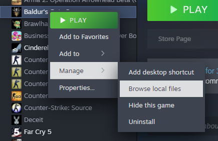 Right click drop down of BG3 in Steam