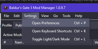 Settings drop-down in BG3MM