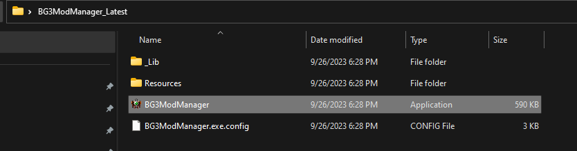 A file browser with BG3ModManager selected