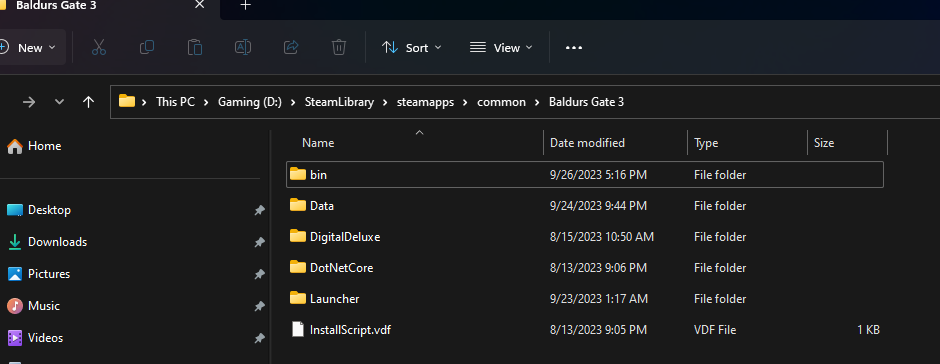 File browser window containing BG3 Files