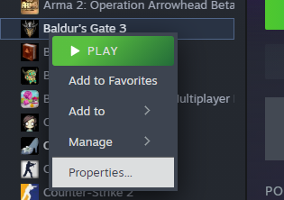 Image of BG3 right click menu in steam